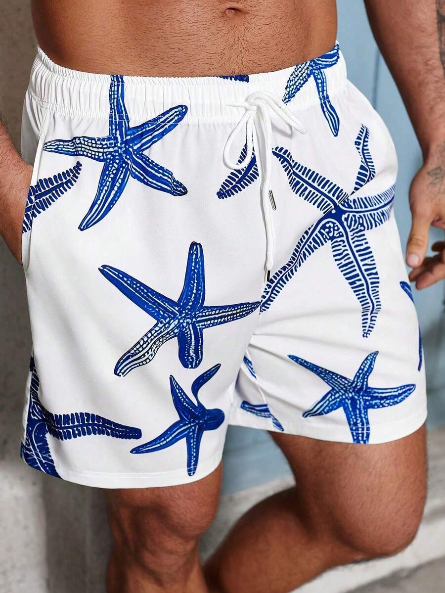 Manfinity Swimmode 男士海星印花抽绳腰袋沙滩短裤 男士配套泳裤 男士沙滩装 男士泳裤 短裤 男士加大海星印花泳裤 夏威夷风 - 藍色 - 查看 1