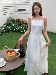 K-Vae Women's Summer White Dress,Cottage Core Tea Party Flowy Gown,Spaghetti Strap Lace Trim Tie Bow Square Neck Waist Cinched Corset Dresses For Women - White - View 4
