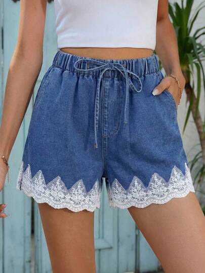 Vivid Eden Quần short denim nữ cạp chun, viền ren, kiểu dáng thường ngày, đa năng, thích hợp cho buổi hẹn hò.