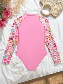 SHEIN Colorful Ditsy Floral Long Sleeve One-Piece Swimsuit, Fashionable, Casual, Elegant, Suitable For Swimming And Summer Vacation Beach - Pink - View 2