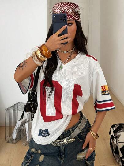 Coolane Áo thun nữ mùa hè phong cách đường phố, đi chơi, thể thao thường ngày, họa tiết in, thoáng khí, chất liệu lưới, dáng rộng.