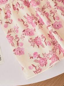 Set de 2 piezas Falda larga de línea A con estampado floral elegante, blusa de manga abullonada para adolescente, cuello con decoración de perlas, estilo minimalista - Rosa - Ver 5