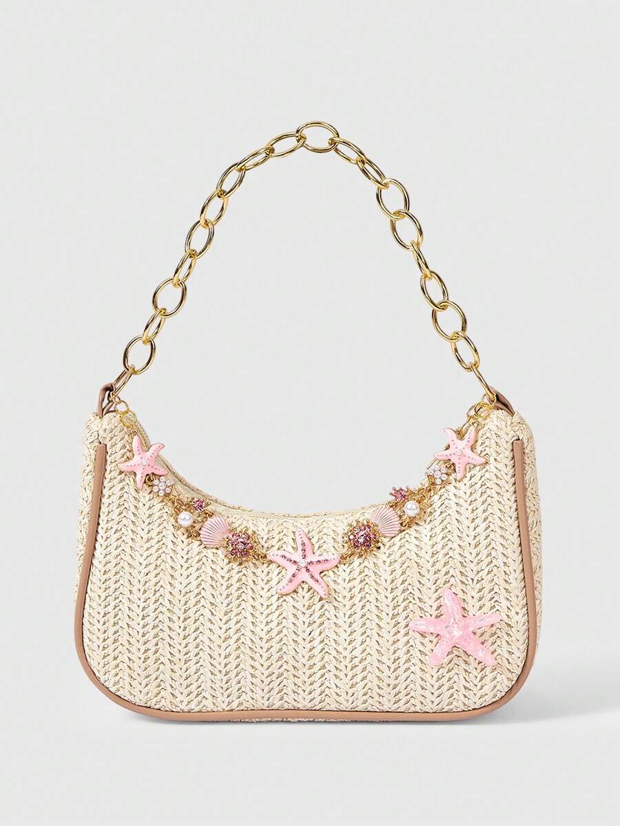 ROMWE Fairycore 1pc Summer Beach Starfish Series Shell & Seashell Woven Shoulder Hand Carry Bag, Beach Bag, Straw Handbag For Women (Charm Color & Style Randomly) , Summer - Multicolor I - View 1