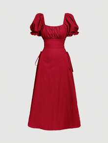 SHEIN MOD Vestido amarillo de longitud media con mangas de pétalos y cintura con lazo - Rojo - Ver 3