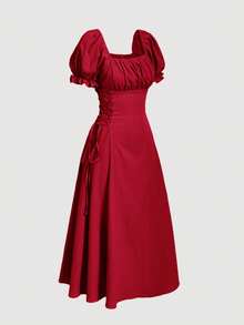 SHEIN MOD Vestido amarillo de longitud media con mangas de pétalos y cintura con lazo - Rojo - Ver 4