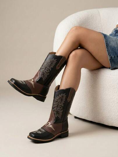 Botas vaqueras en piel genuina para mujer con bordado, punta redonda, sin cordones, tacón bajo, estilo vintage para oficina y fiesta