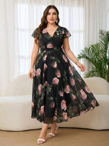 Reflora Đầm hè cỡ lớn dành cho nữ, đầm ngắn tay xếp ly cổ chữ V thanh lịch, màu mơ. - Màu be - Xem 6