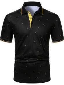 Calvornis 男士锚图案短袖休闲通勤 Polo 衫 - 黑色 - 查看 5