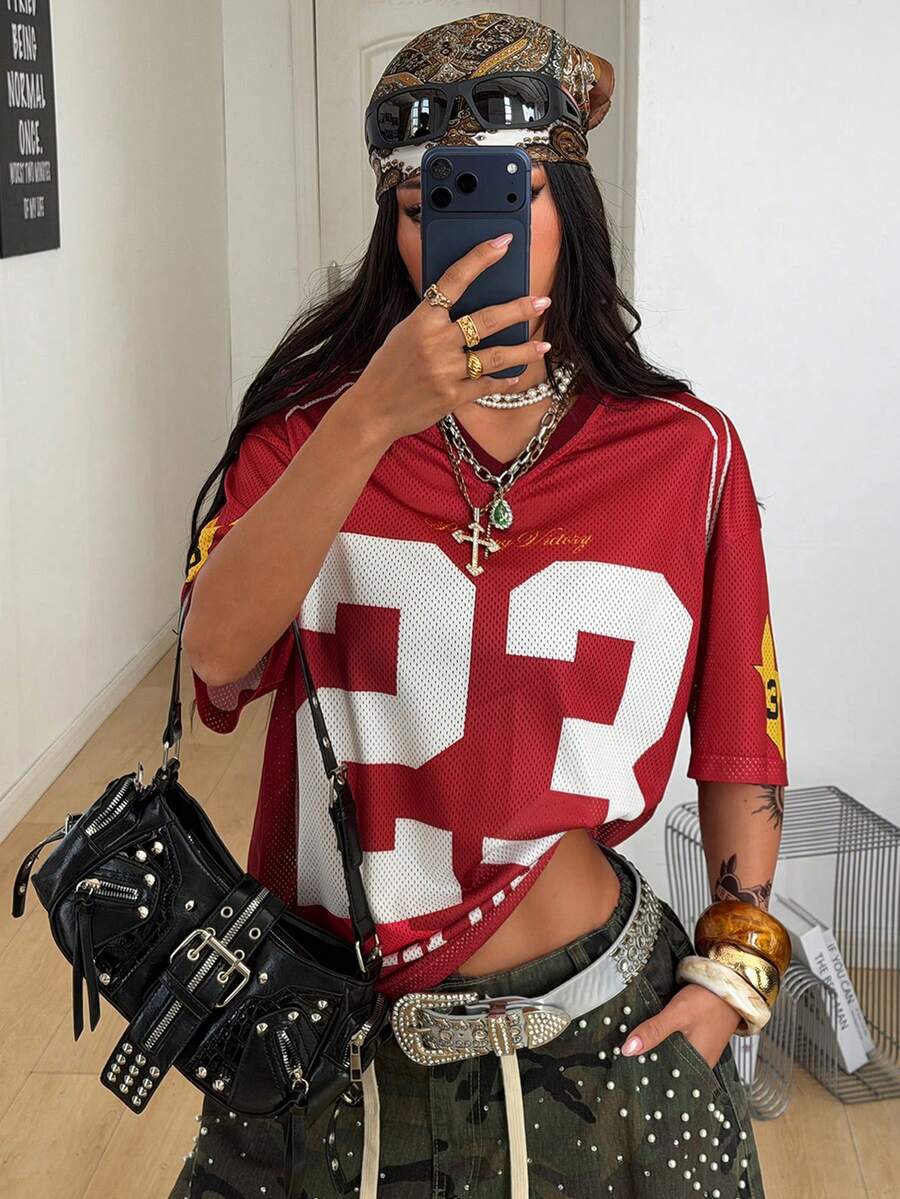 Coolane 女士夏季节日复古街头运动服号码印花超大棒球衫T恤 - 紅色 - 查看 1