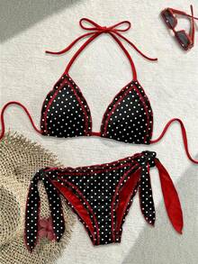 Soleia Casual Minimalist Red & Black Polka Dot Print Retro Style Women's Swimsuit Set, Suitable For Spring/Summer - Multicolor - View 1