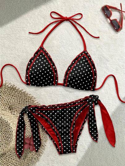 Soleia Casual Minimalist Red & Black Polka Dot Print Retro Style Women's Swimsuit Set, Suitable For Spring/Summer