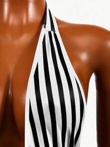 Mistrie Striped Contrast Print Open Shoulder Backless Halter Design Capri Pants, Casual Sporty Sexy Daily Holiday Spring/Summer Knit Jumpsuit For Women Zebra Jumpsuit Zebra Clothes Women Striped Jumpsuit - Black and White - View 3