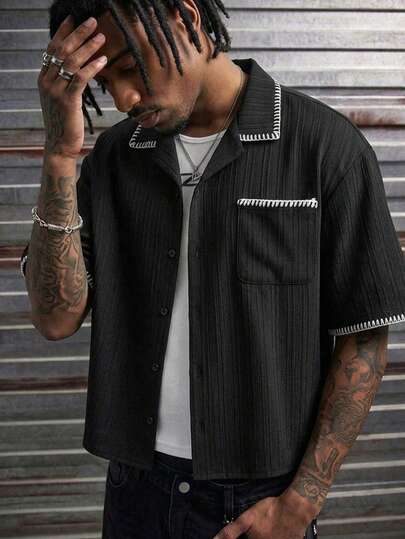 AXEPEAK Men's Contrast Collar & Cuff Short Sleeve Shirt