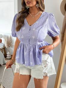 Ceyna Plus Size Women's Lavender Summer Elegant Blouse,Textured Printed V-Neck Short Sleeve Babydoll Tops,Tea Party Wedding Guest Casual Holiday Dress Tops - Mauve Purple - View 5