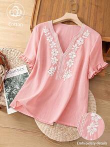 Linhara Plus Size Women Casual Minimalist Countryside Style Small V-Neck Cotton Embroidered Ruffle Cuff Loose Blouse - Pink - View 1