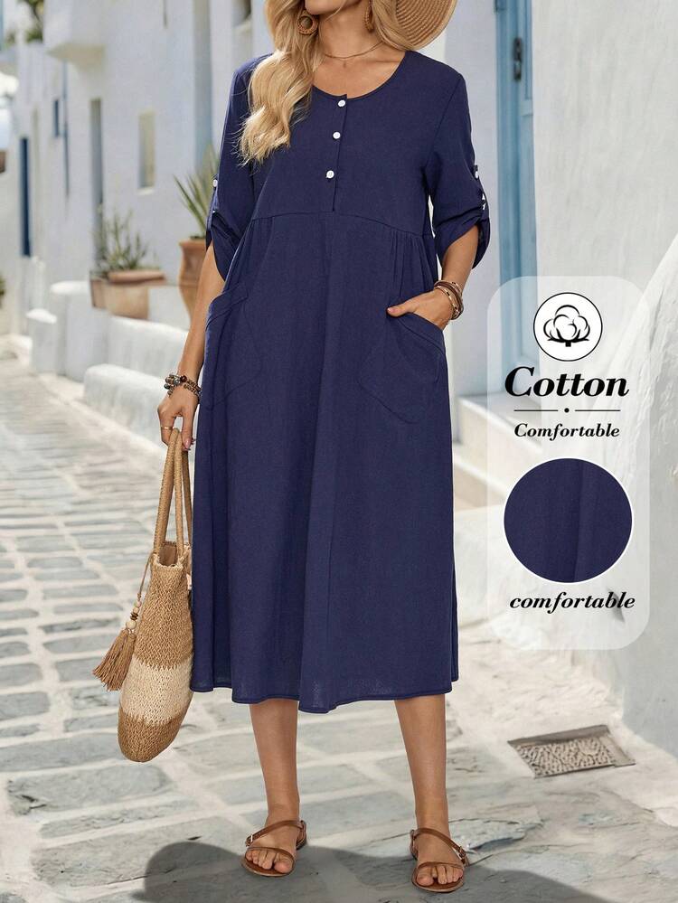 Women's Solid Color Pocket Button Casual Daily Summer Long Sleeve Dress Summer Outfit For Women Summer Dress Graduation Dress For Women Casual Dresses For Women Casual Women's Dresses Cotton Dresses For Women Country Dress Blue Dress Causal Dresses For Women Summer Casual Dress Women Pure Cotton Dress Women Mother's Day Dress Blue Dresses For Women Casual Dresses For Women Summer Women Cotton Dress Midi Summer Dress