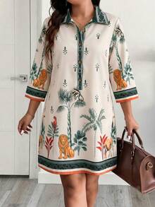 EMERY ROSE Plus Size Women's Spring/Summer Animal & Botanical Print Placement Print Short Sleeve Shirt Collar Casual Mid-Length Dress - Multicolor - View 3