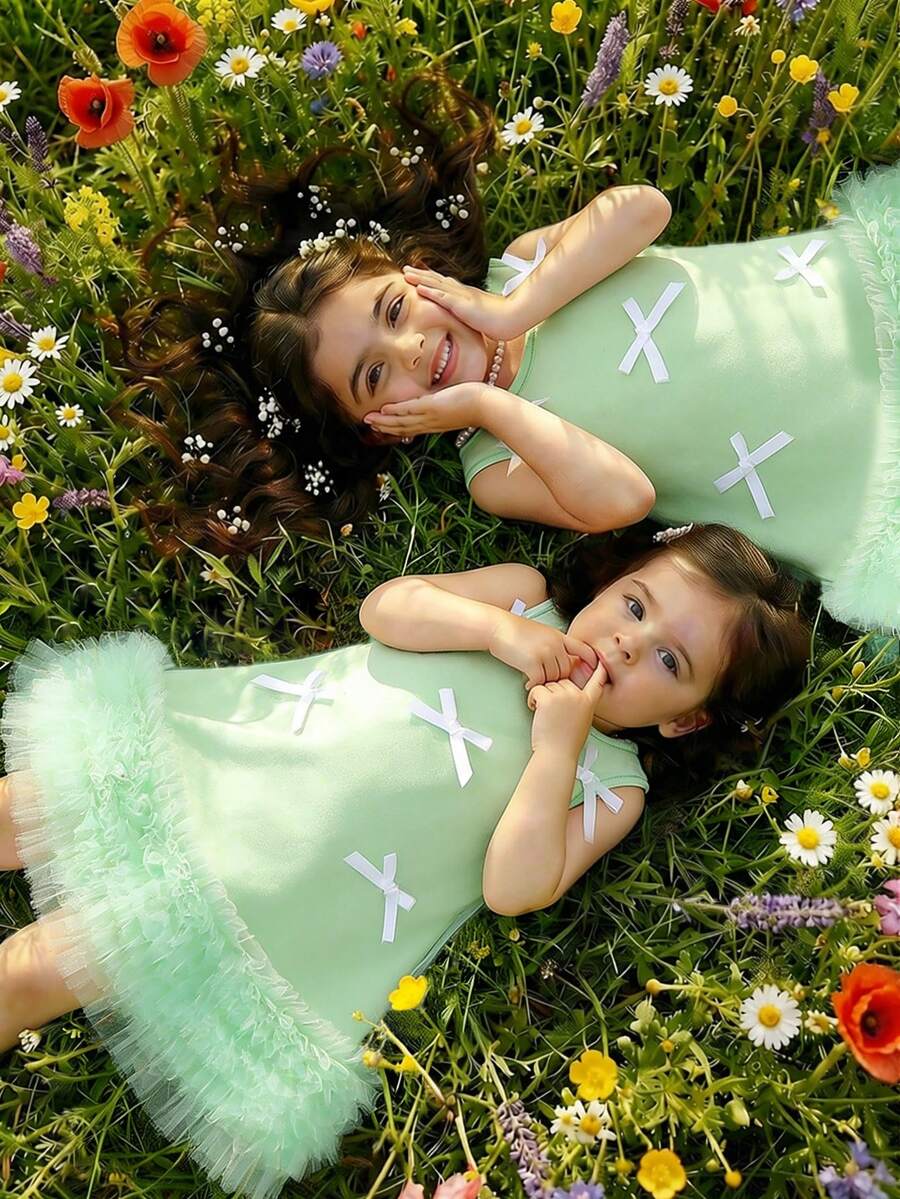 Glamorique Kids Baby Girls' Cute Car Decor Bow Ruffle Hem Ruched Pink Mesh Knit Sleeveless Dress, Summer Korean Style - Green - View 1