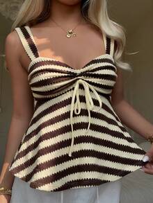 MainGRL Áo tank top nữ bằng cotton kẻ sọc vàng nâu, dây rút phía trước - Phong cách gợi cảm, dễ thương kiểu "cô gái dừa" và boho, vẻ ngoài cổ điển của cô gái đảo, hoàn hảo cho trang phục mùa xuân/hè, đi chơi, du lịch, lễ hội âm nhạc, kỳ nghỉ ven biển và những khoảnh khắc lãng mạn trong kỳ nghỉ. - Nhiều màu - Xem 8