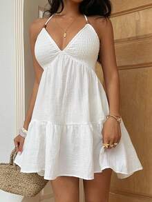 SHEIN SunnyBelle Đầm ngắn xòe màu trắng bằng cotton dành cho nữ, trang phục đi biển thường ngày thời trang, trang phục hàng ngày thanh lịch lãng mạn, mùa xuân/hè. - trắng - Xem 4