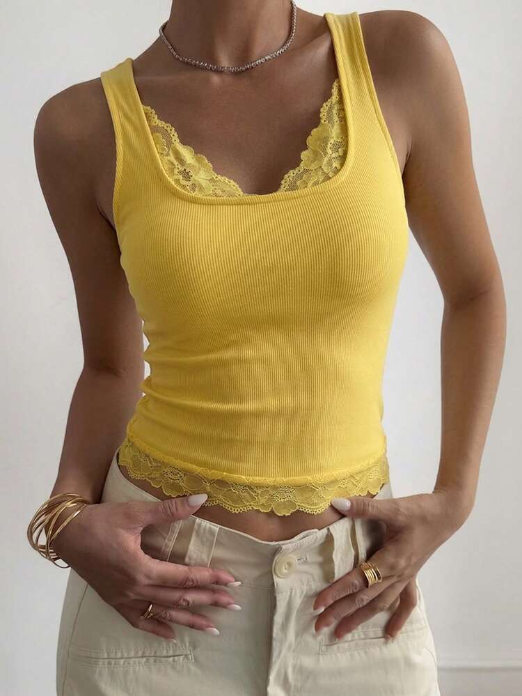 Spring & Summer Yellow Sexy Music Festival Camisole, Casual Street Lace Patchwork Slim Fit Spaghetti Strap Tank Top For Party, Wedding, Valentine's Day