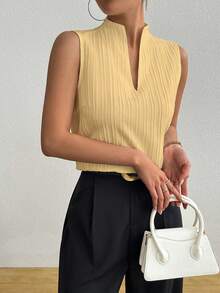 SHEIN 女士纯色翻领无袖休闲条纹衬衫 - 棕色 - 查看 4