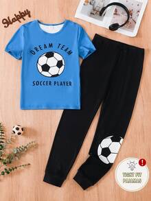 2pcs/Set Teen Boys' Tight-Fitting Loungewear Set, Football Print Short Sleeve Top And Long Pants, Comfortable Casual Sleepwear, Fashionable Sportswear Style, Cool Homewear For Boys - Multicolor - View 3