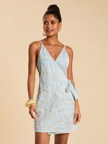 Travachic 2026新款女士条纹刺绣系腰吊带裙 - 藍白色 - 查看 5