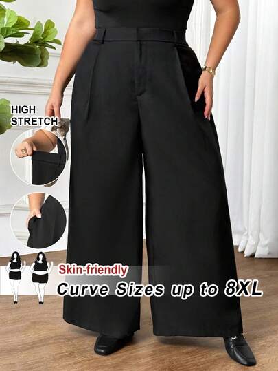 SHEIN CURVE+ Pantalones elegantes de talla grande para mujer, pantalones de traje casual de negocios para mujer, pantalones anchos para mujer, pantalones sueltos de traje de oficina para mujer, ropa profesional para mujer, gris de oficina