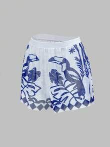 Swim Oasis 女士棕榈树印花吊带连体泳衣，带罩衫短裤，适合度假 - 藍白色 - 查看 8