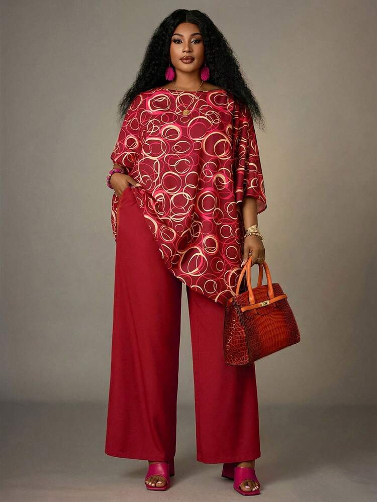 Plus Size Women All-Over Print Top And Wide Leg Pants Casual 2 Pieces Set Women Outfits Sets Women Vacation Outfit Sets Women's Holiday Outfits Summer Dress Summer Outfits For Women Spring Clothing Spring Outfit Beach Outfits For Women Vacation Outfits Women Summer Holiday Outfits Country Style For Women