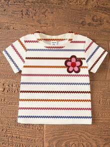 SHEIN Playful Pals 女婴碎花撞色条纹印花上衣和修身骑行短裤套装，适合幼儿女童的休闲夏季服装，适合上学、户外活动，韩版风格 - 彩色 - 查看 4