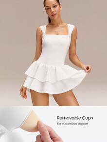 GLOWMODE Game On Buttery-Soft Quick-Dry Removable Cups Built-In Shorts Side Pockets Squareneck Cutout Back Tiered Tennis Dress Golf Pickleball Gym - White - View 3