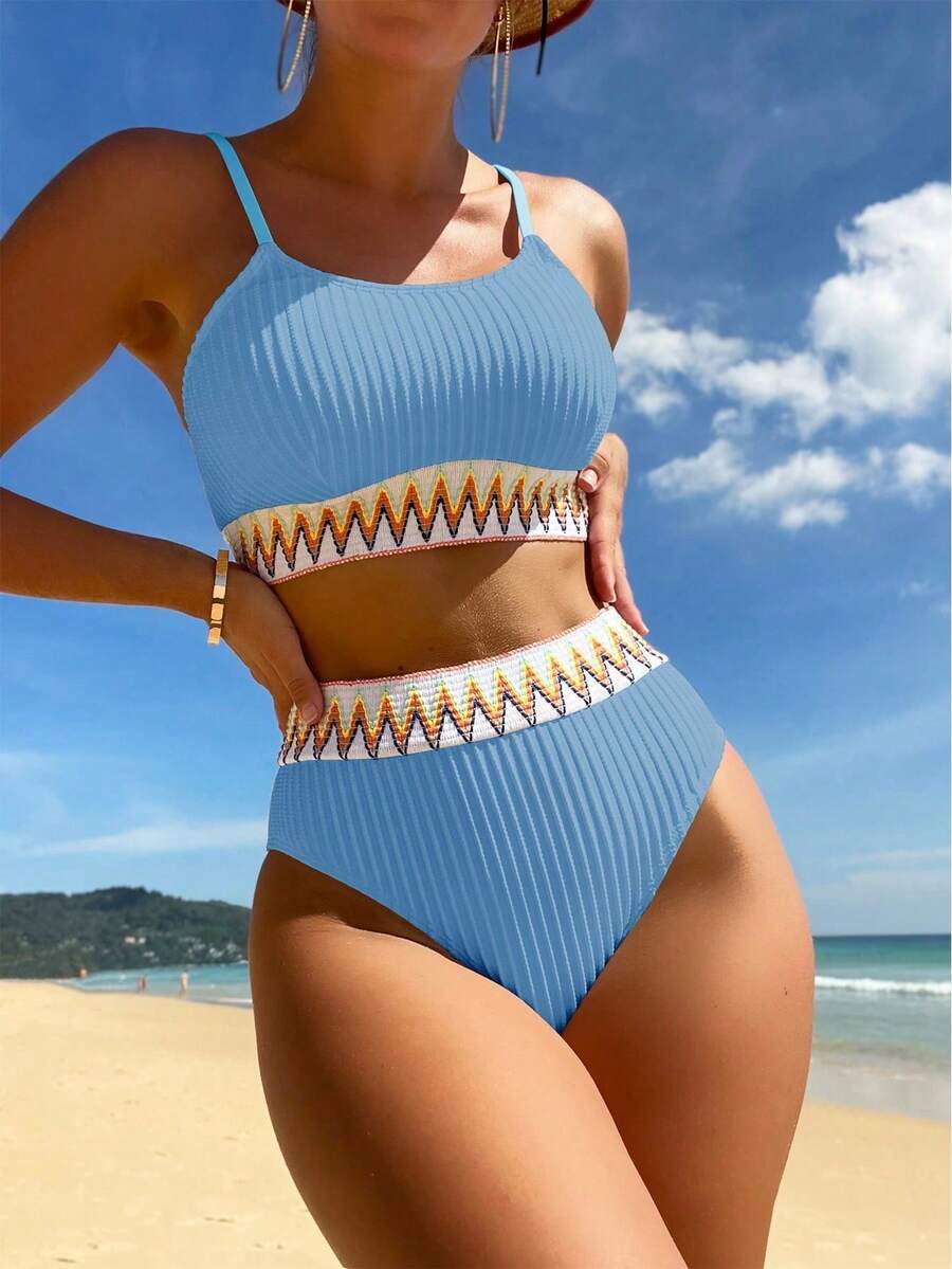 Swim Vcay Vacation Beach Woven Strap Patchwork Bikini Set - Blue - View 1