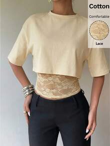 Siren Gaze Diseño 2 en 1 Camiseta de mujer con parches de encaje, Parte superior casual de verano Y2K de manga corta - Albaricoque - Ver 4