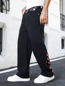 Manfinity EMRG Quần jeans ống rộng dáng suông cao cấp dành cho nam giới, thêu hoa anh đào, đã qua xử lý giặt. - màu đen - Xem 3