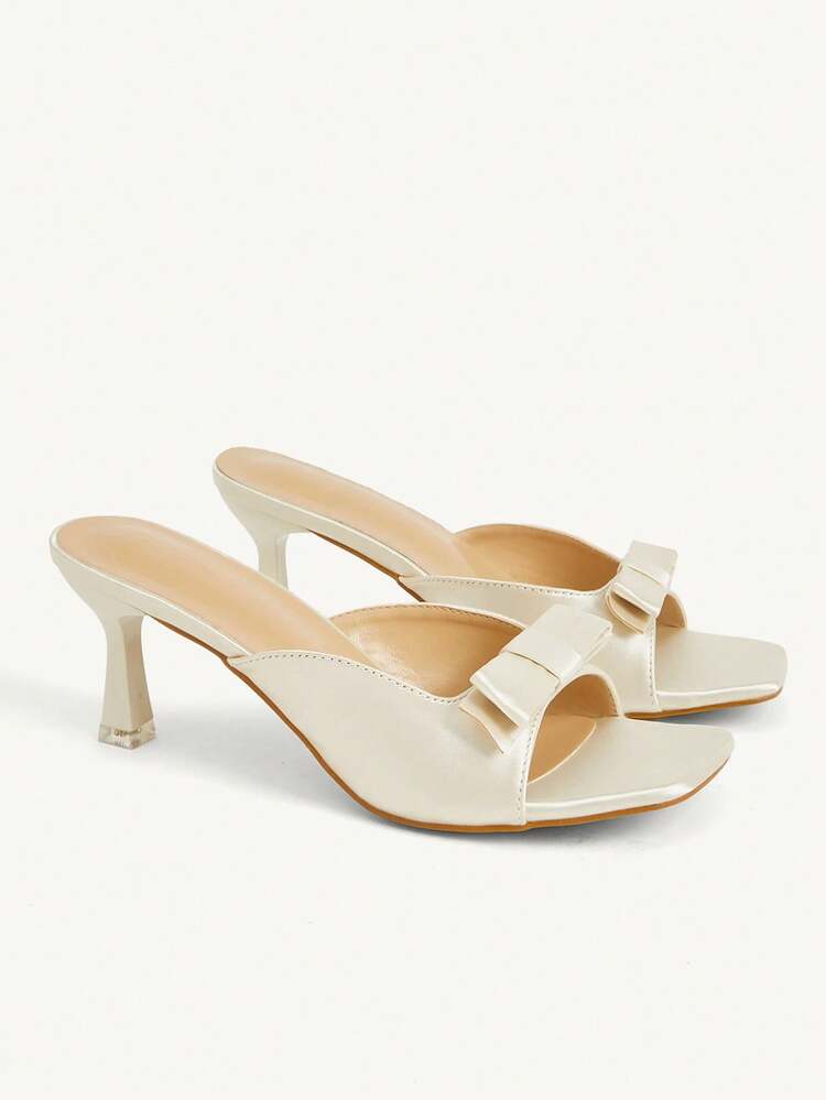 CUCCOO CHICEST Women's Shoes French Beige Satin Bow High-Heeled Sandals, Summer Wear Square-Heeled Sandals