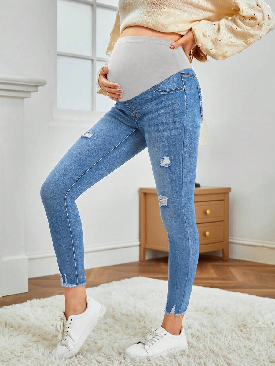 SHEIN 可调节腰围破洞紧身孕妇牛仔裤 - 淺色水洗藍 - 查看 1