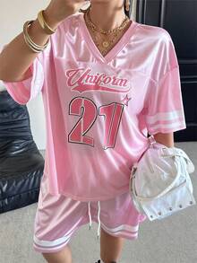 POPSWAY 2 Pezzi Set: Maglietta grafica + Pantaloncini a vita alta a gamba larga con stampa, Outfit sportivo casual alla moda per primavera/estate - Rosa - Visualizzare 3