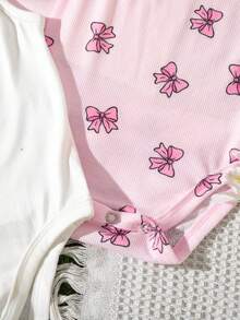 SHEIN 3件套可爱休闲粉色蝴蝶结针织连体衣，适合女宝宝 - 紫色 - 查看 6