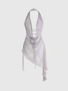 ROMWE Áo kiểu hở lưng gợi cảm, cổ yếm, vạt lệch. - Xám - Xem 5