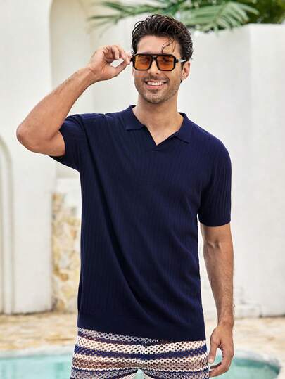 Mercer Haus ALTZTAR Erkek Bol Kesim Düz Renk Günlük Polo Yaka Kısa Kollu Fitilli Örme Üst