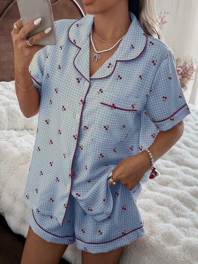 SHEIN Pink Plaid Cherry Print Shirt Collar Short Sleeve & Shorts Pajama Set For Women