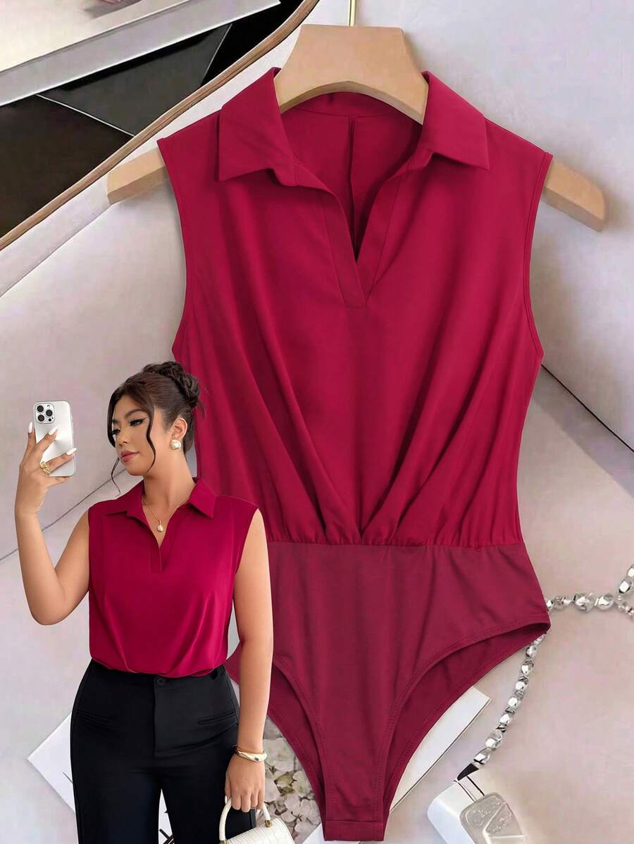 Elenzga Plus Size Women's Elegant Sleeveless Collared Pleated Bodysuit, Spring/Summer - Burgundy - View 1