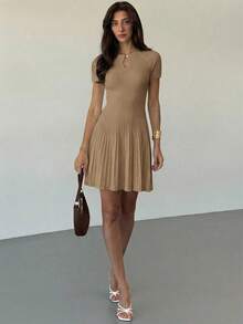 Aloruh Women's Elegant Commuter Minimalist Beige Knit A-Line Dress - Khaki - View 3
