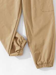 SHEIN Kids/Tween Boys' Khaki Summer Casual School Cargo Pants,Sports Graphic Print Patch Pocket Loose Tapered Solid Color Trousers,Daily Vacation Outfits - Khaki - View 5