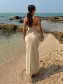 Livesso Đầm nữ khoét hở xẻ cao, áo khoác ngoài đi biển gợi cảm, kiểu dáng thường ngày. - Màu be - Xem 3