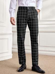 Officeau 男士格紋印花斜口袋西裝褲 - 黑色 - 查看 1