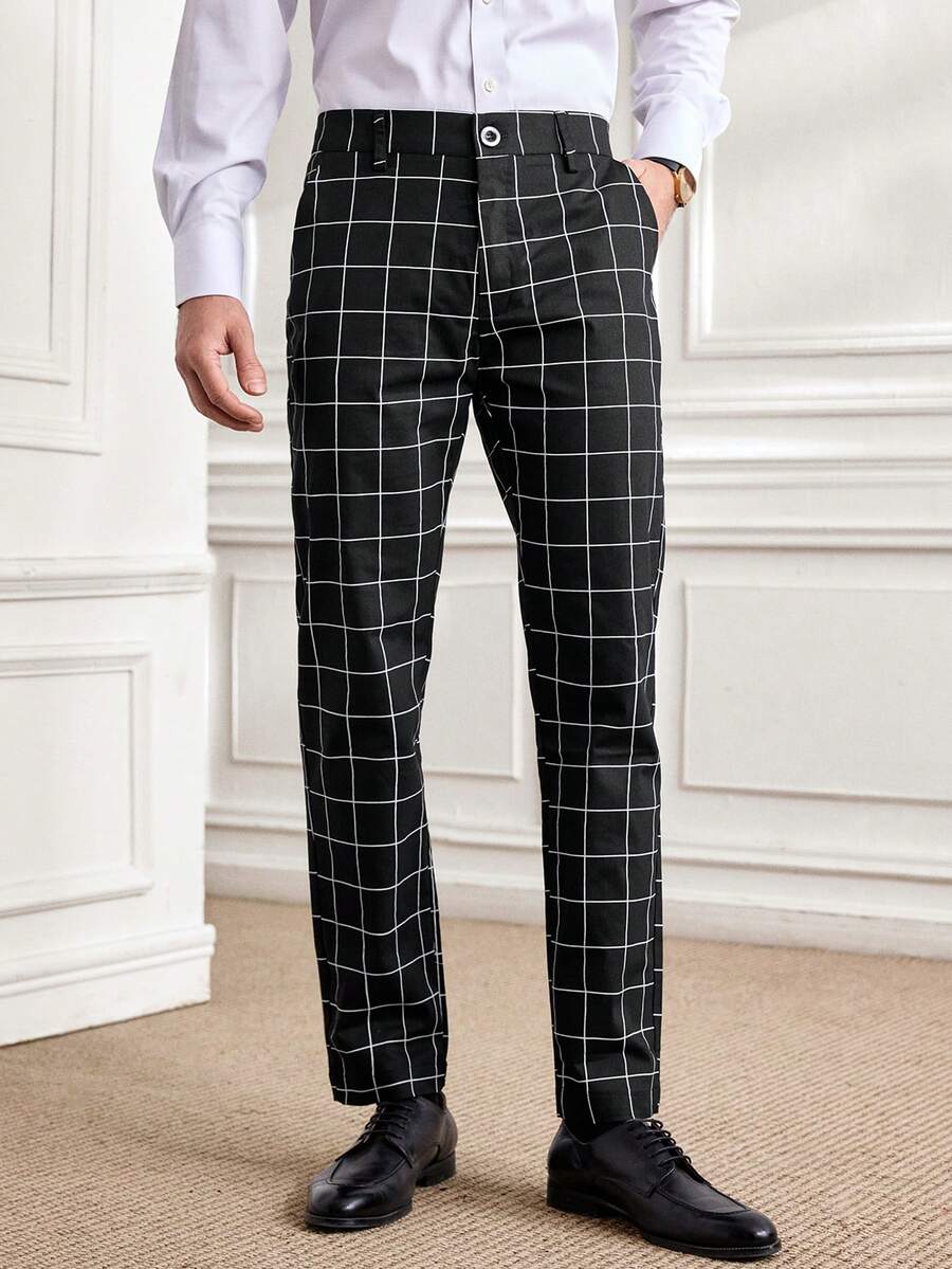 Officeau 男士格紋印花斜口袋西裝褲 - 黑色 - 查看 1