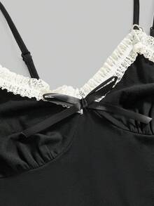 ROMWE Áo tank top nữ dáng ngắn ôm sát, phối ren, nơ và đính đá, kiểu dáng Kawaii cơ bản. - màu đen - Xem 2